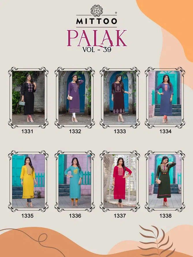 Palak Vol 39 By Mittoo Rayon Embroidery Wholesale Kurtis Suppliers In Mumbai